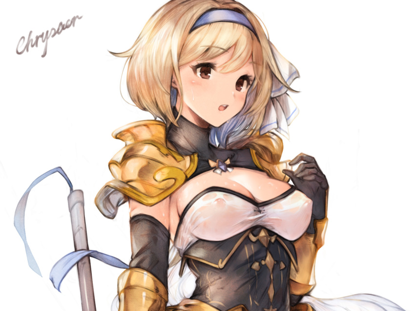 1girl areolae black_gloves blonde_hair bracer breasts brown_eyes cleavage djeeta_(granblue_fantasy) elbow_gloves erect_nipples eyebrows_visible_through_hair gloves granblue_fantasy hairband koretsuki_azuma medium_breasts open_mouth pauldrons see-through short_hair simple_background solo sweat underbust upper_body upper_teeth white_background