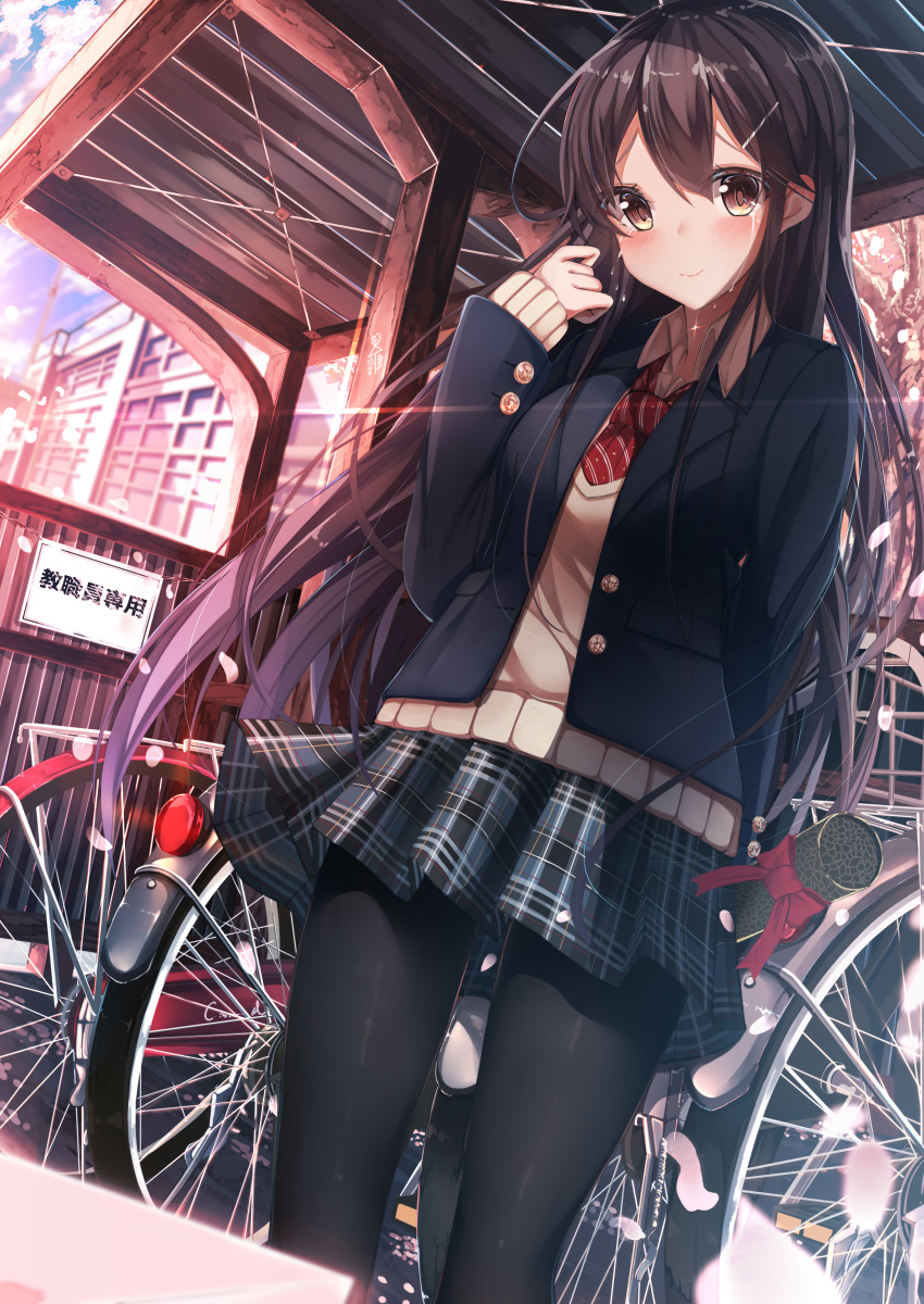 1girl absurdres ai_ai_gasa arm_up bangs bicycle black_legwear blazer brown_eyes brown_hair building buttons cherry_blossoms cloud collared_shirt crying crying_with_eyes_open day eyebrows_visible_through_hair graduation ground_vehicle hair_ornament hairclip highres hiragi_ringo holding jacket lens_flare long_hair original outdoors pantyhose pleated_skirt ribbon school school_uniform shed shirt sign skirt sky smile solo standing sweater tears window