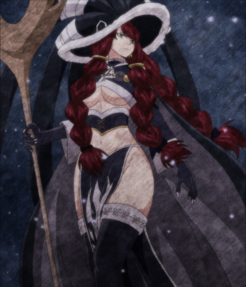 1girl breasts fairy_tail hat highres irene_belserion large_breasts long_hair midriff navel red_hair revealing_clothes thighhighs underboob