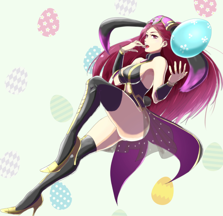 1girl animal_ears arm_warmers armpits black_legwear braid breasts bunny_ears bunny_tail bunnysuit cleavage ear_piercing easter_egg egg fire_emblem fire_emblem_heroes full_body gold_footwear gzo1206 hand_to_own_mouth high_heels loki_(fire_emblem_heroes) long_hair looking_at_viewer medium_breasts nintendo open_mouth patterned_background piercing purple_eyes purple_hair purple_headwear see-through solo tail thighhighs thighs