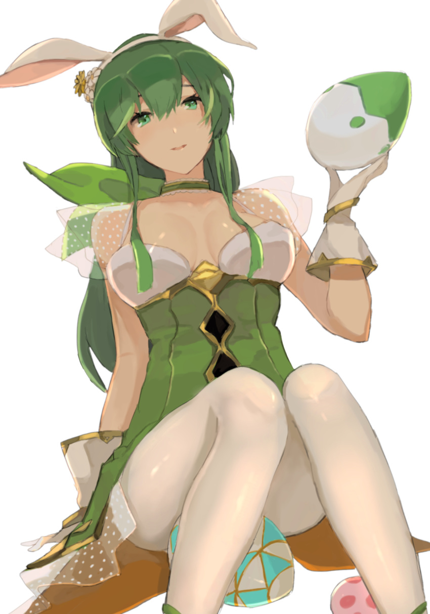 1girl animal_ears breasts bunny_ears bunnysuit choker cleavage dress easter_egg egg fire_emblem fire_emblem:_monshou_no_nazo fire_emblem:_shin_ankoku_ryuu_to_hikari_no_tsurugi fire_emblem_heroes flower gloves green_eyes green_hair hair_between_eyes hair_flower hair_ornament highres knees_together_feet_apart long_hair looking_at_viewer medium_breasts nintendo pantyhose paola parted_lips simple_background sitting sleeveless sleeveless_dress smile solo straight_hair w_(1999_kyu) white_background white_gloves white_legwear