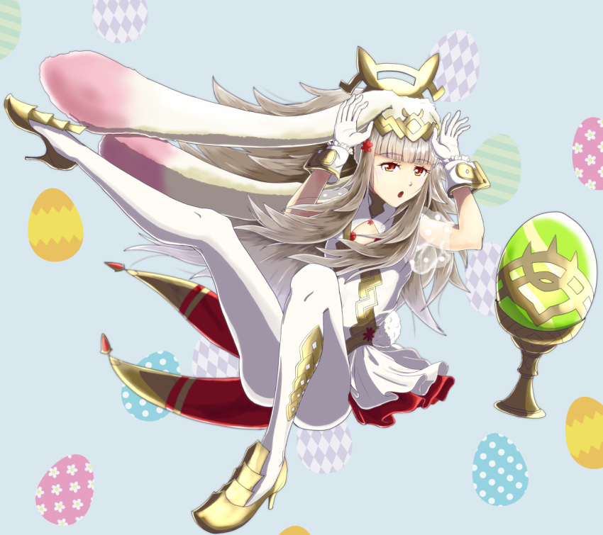 1girl animal_ears bunny_ears bunny_tail cleavage_cutout dress easter_egg egg fake_animal_ears fake_tail fire_emblem fire_emblem_heroes flower full_body gloves grail grey_hair gzo1206 hair_flower hair_ornament high_heels long_hair nintendo open_mouth red_eyes see-through see-through_sleeves short_dress solo tail veronica_(fire_emblem) white_gloves white_legwear