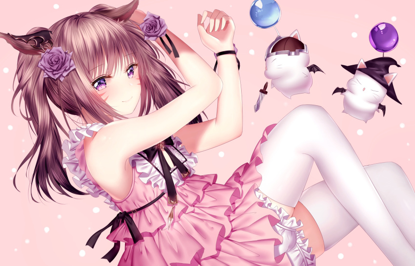 1girl animal_ear_fluff animal_ears arms_up bangs bare_shoulders black_headwear bloomers blush brown_background brown_hair brown_headwear cat_ears closed_mouth dress ears_through_headwear eyebrows_visible_through_hair final_fantasy final_fantasy_xiv flower hair_flower hair_ornament hat helmet highres junpaku_karen layered_dress long_hair miqo'te moogle pink_dress purple_eyes purple_flower purple_rose rose sidelocks sleeveless sleeveless_dress smile thighhighs twintails underwear whisker_markings white_bloomers white_legwear witch_hat wrist_flower