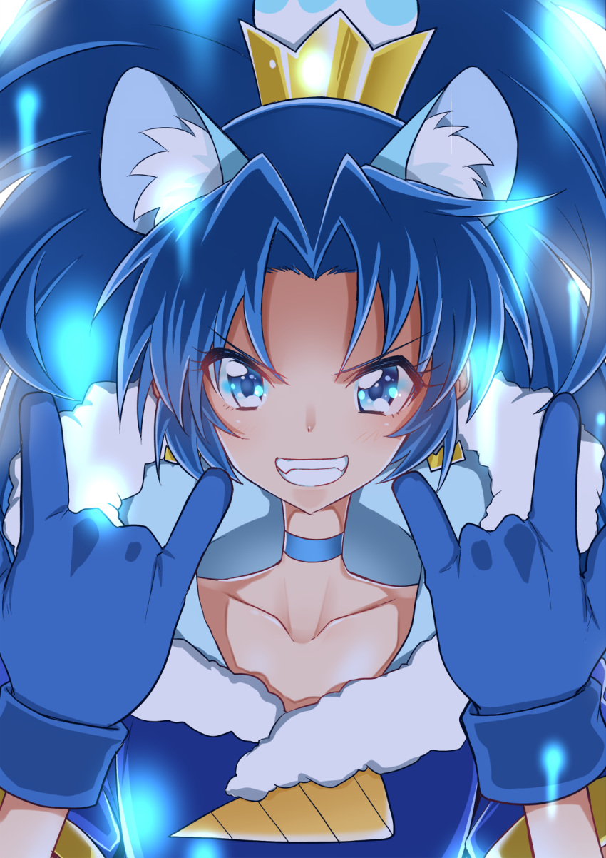 &gt;:) 1girl \m/ animal_ears blue_eyes blue_gloves blue_hair choker collarbone commentary_request crown cure_gelato double_\m/ earrings extra_ears eyebrows_visible_through_hair eyelashes fur_trim gloves grin highres jewelry kirakira_precure_a_la_mode lion_ears long_hair looking_at_viewer precure smile smug solo tategami_aoi yuto_(dialique)