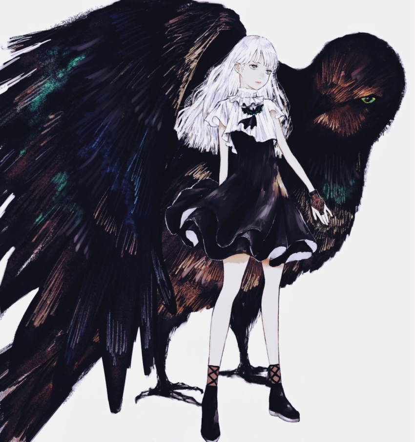 1girl animal bangs bird black_dress black_footwear dress fingerless_gloves full_body gloves green_eyes highres long_hair original oversized_animal shirone_(coxo_ii) short_sleeves simple_background solo white_background white_eyes white_hair wings