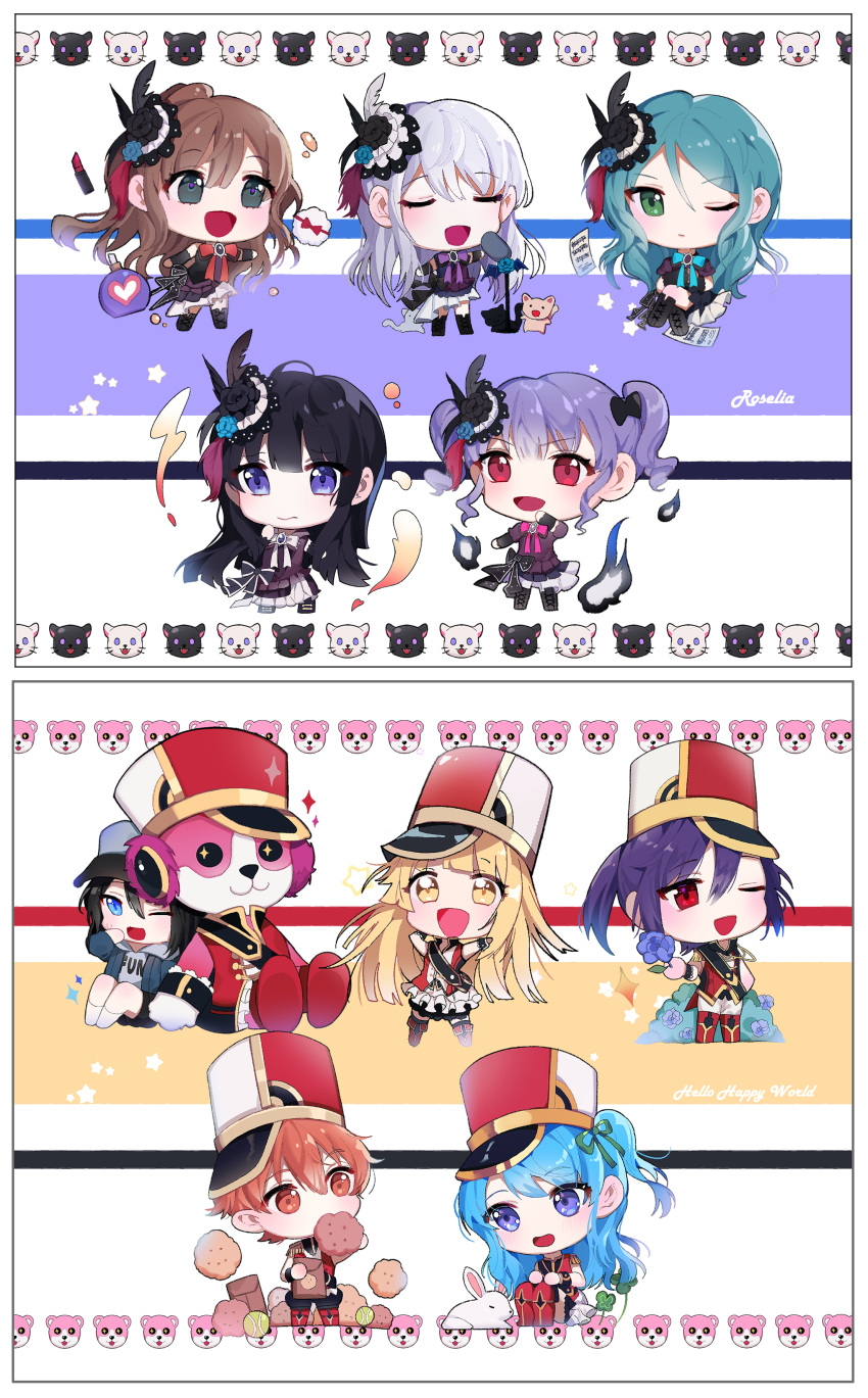 +_+ 6+girls :3 :d ;d absurdres animal animal_costume animal_print aqua_hair arm_warmers arms_up bag band_uniform bang_dream! bangs baseball_cap bear_costume black_bow black_dress black_eyes black_feathers black_flower black_footwear black_hair black_ribbon black_shorts blonde_hair blue_eyes blue_flower blue_hair blue_jacket blue_neckwear blue_ribbon blush boots bottle bow brooch brown_hair bunny bush cat cat_print character_print chibi clothes_writing clover croquette dress eating epaulettes feathers flower food four-leaf_clover frilled_skirt frills green_eyes green_ribbon grey_hair grey_hoodie group_name hair_between_eyes hair_bow hair_feathers hair_flower hair_ornament hair_ribbon half_updo hand_on_hip hand_to_own_mouth hat headphones hello_happy_world! highres hikawa_sayo holding holding_flower holding_food hood hood_down imai_lisa jacket jewelry kitazawa_hagumi knee_boots kongya legs_crossed lipstick_tube long_hair long_sleeves looking_at_viewer mascot_costume matsubara_kanon michelle_(bang_dream!) microphone_stand minato_yukina multiple_girls music neck_ribbon okusawa_misaki one_eye_closed one_side_up open_mouth orange_eyes orange_hair pants paper_bag perfume_bottle ponytail powder_puff purple_eyes purple_feathers purple_hair purple_neckwear red_eyes red_feathers red_footwear red_neckwear red_vest ribbon roselia_(bang_dream!) sash seta_kaoru shako_cap sheet_music shirokane_rinko short_hair shorts sidelocks sideways_hat singing sitting skirt smile softball sparkle standing star striped striped_background sweatdrop tsurumaki_kokoro twintails u_u udagawa_ako v-shaped_eyebrows vest white_feathers white_legwear white_neckwear white_pants white_skirt wrist_cuffs yellow_eyes