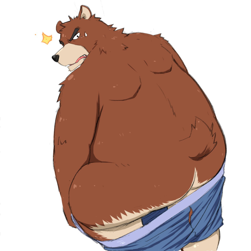 2019 anthro brown_fur butt clothing fur gokrakstyle humanoid_hands juuichi_mikazuki male mammal morenatsu overweight overweight_male shorts simple_background solo undressing ursid white_background