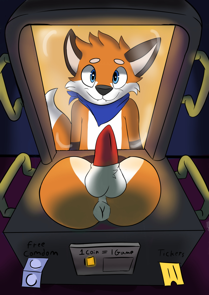 absurd_res anthro anus arcade balls biped canid canine digital_media_(artwork) english_text first_person_view fox hi_res machine male mammal neoanton_(artist) penis solo text thebestf0x ych