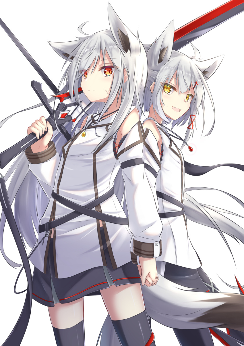 2girls absurdres ahoge animal_ears bangs black_skirt breasts commentary_request detached_sleeves eyebrows_visible_through_hair fox_ears fox_girl fox_tail hair_between_eyes hair_ornament highres holding holding_hands holding_sword holding_weapon jewelry long_hair long_sleeves looking_at_viewer multiple_girls necklace open_mouth original red_eyes scar scar_on_face shirt sidelocks simple_background skirt small_breasts smile swept_bangs sword tail thighhighs weapon white_background white_hair white_shirt yellow_eyes yukishiro_haku zettai_ryouiki