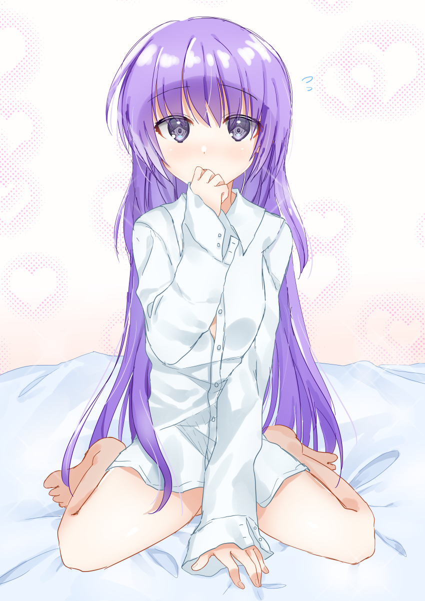 1girl absurdres angel_beats! bad_anatomy bad_feet bangs bare_legs barefoot bed blush closed_mouth eyebrows_visible_through_hair feet hair_between_eyes hand_to_own_mouth hands_on_own_face heart highres irie_(angel_beats!) key_(company) kneeling long_hair long_sleeves looking_at_viewer purple_eyes purple_hair shirt simple_background sitting sleeves_past_wrists solo zuzuhashi