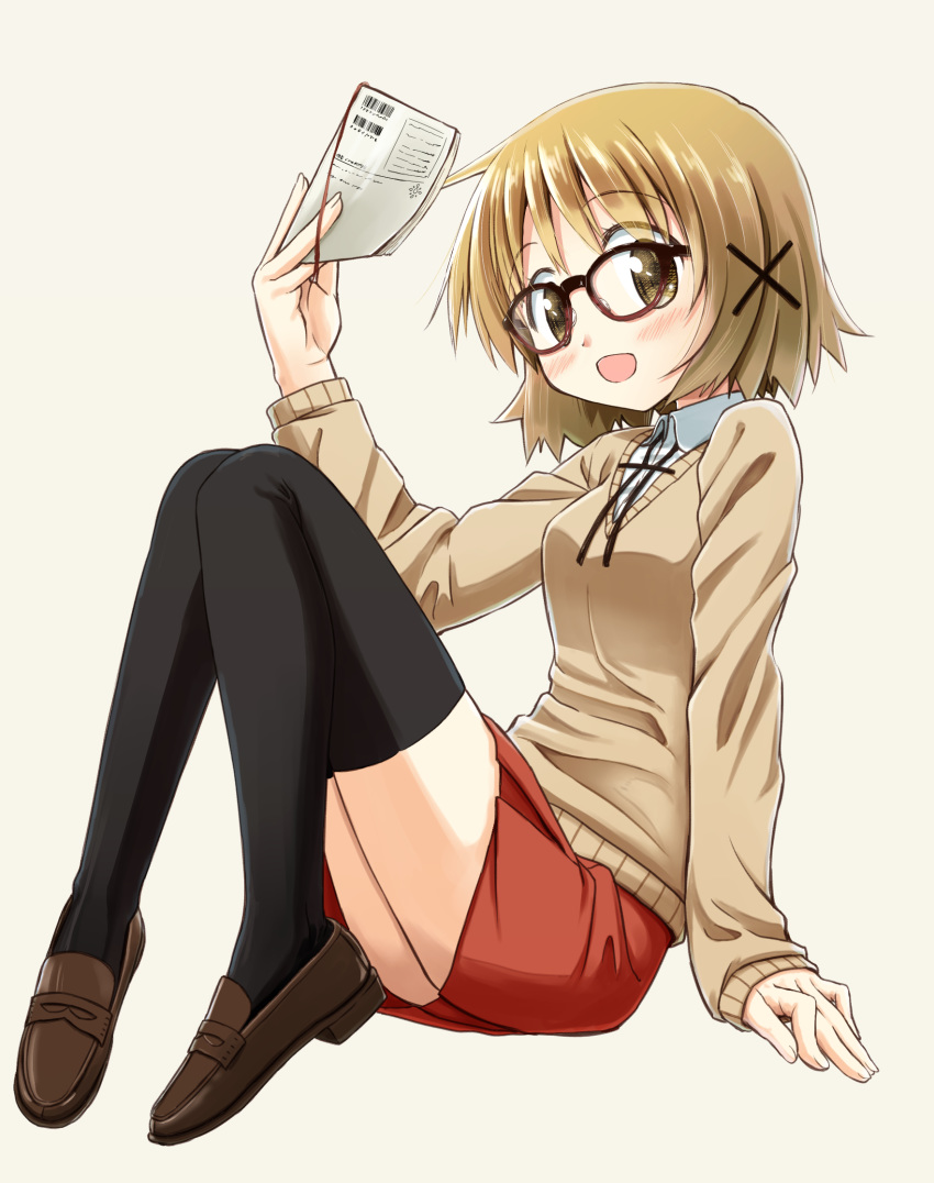 1girl bespectacled black_legwear blush book breasts brown_eyes brown_hair commentary_request full_body glasses hair_ornament hairclip hidamari_sketch highres looking_at_viewer open_mouth percy_pyl school_uniform shoes short_hair simple_background sitting solo thighhighs white_background x_hair_ornament yuno