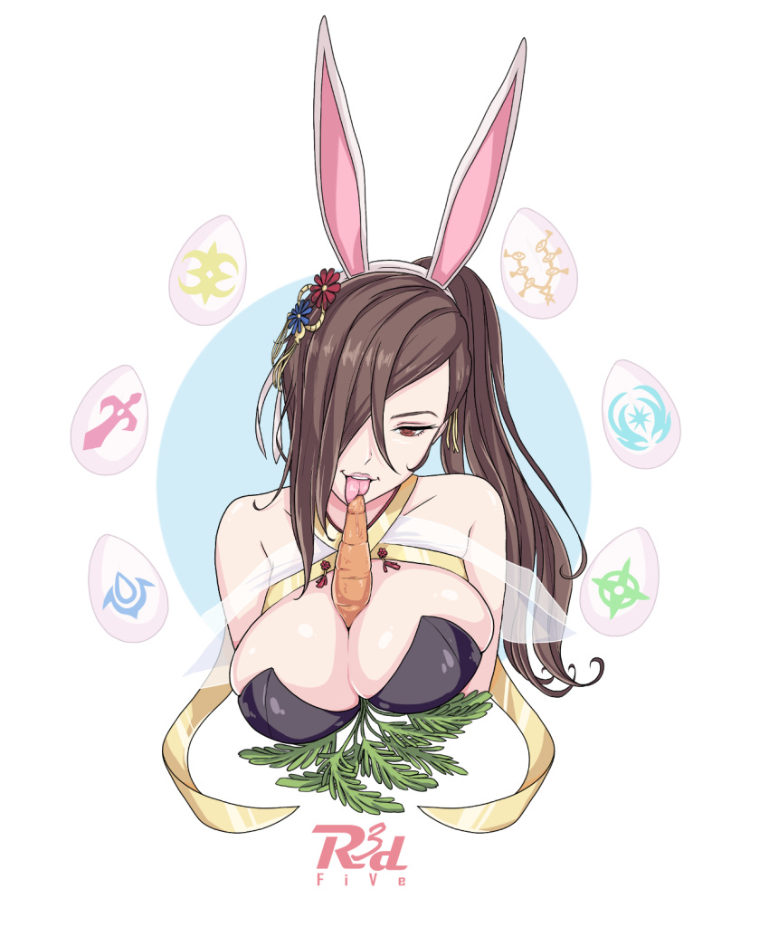 1girl animal_ears between_breasts bra breasts brown_hair bunny_ears bunny_suit carrot easter eggs fire_emblem fire_emblem_heroes fire_emblem_if highres intelligent_systems kagerou_(fire_emblem_if) large_breasts lick licking nintendo ponytail r3dfive tongue underwear