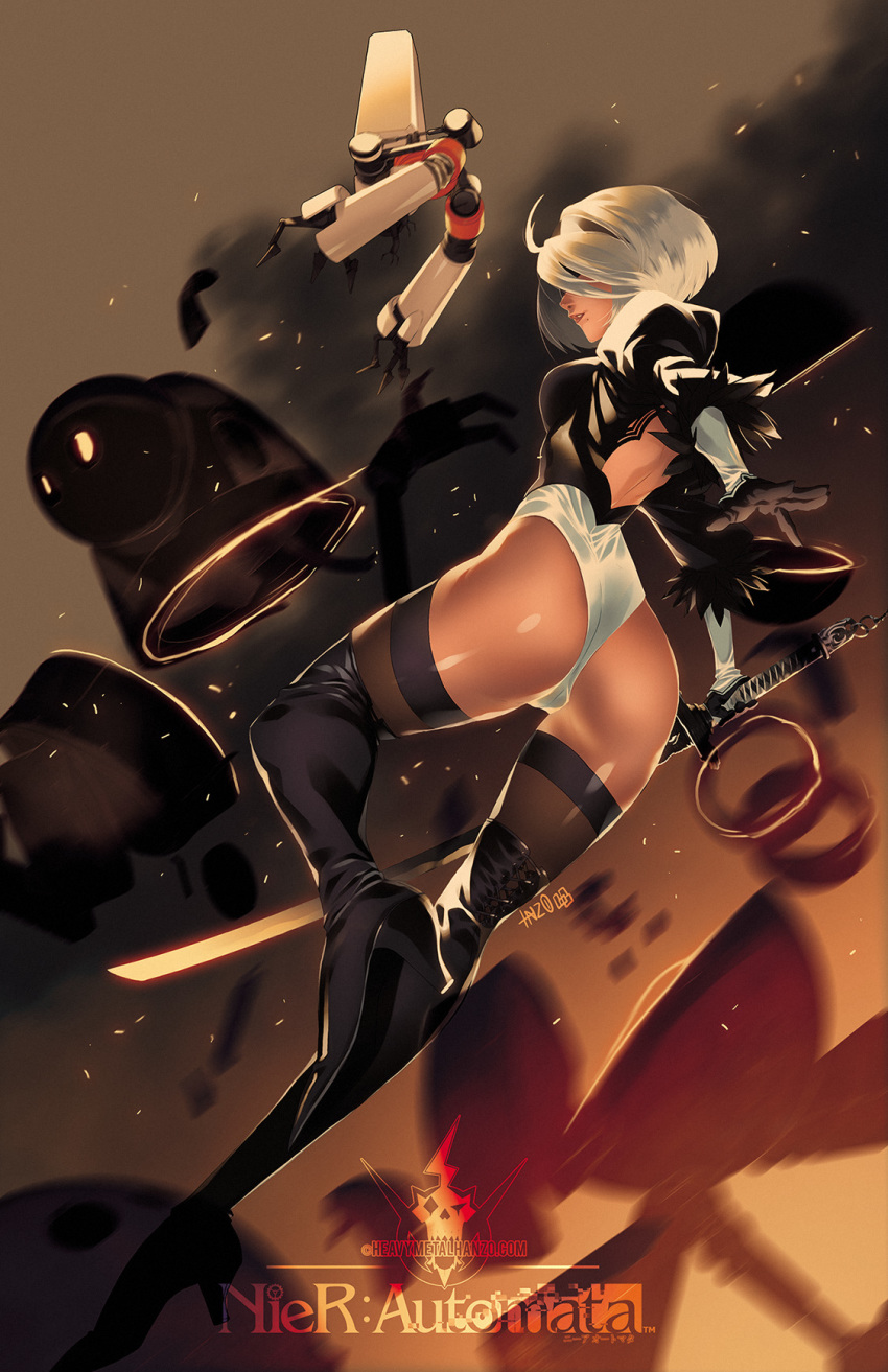 1girl ass back_cutout battle black_blindfold black_gloves black_hairband blindfold boots breasts covered_eyes drone explosion feather-trimmed_sleeves gloves grey_hair hairband high_heel_boots high_heels highleg highleg_leotard highres juliet_sleeves katana leather leather_boots leotard long_sleeves medium_breasts metalhanzo mole mole_under_mouth nier_(series) nier_automata pink_lips pod_(nier_automata) puffy_sleeves revision robot short_hair solo_focus sword thigh_boots thighhighs thighhighs_under_boots thong_leotard vambraces virtuous_contract weapon white_leotard yorha_no._2_type_b