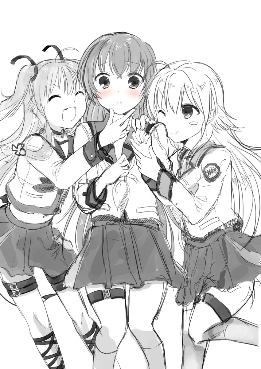 3girls ;) ^_^ angel_beats! ankle_lace-up bangs blush chains choker closed_eyes closed_mouth collar cross-laced_footwear cuffs eyebrows_visible_through_hair eyes_closed fangs greyscale hair_between_eyes hair_ornament hair_ribbon hand_on_another's_chin hand_on_another's_face hand_on_another's_hand highres holding irie_(angel_beats!) key_(company) kneehighs leg_strap long_hair long_sleeves looking_at_another looking_at_viewer looking_to_the_side monochrome multiple_girls one_eye_closed open_eyes open_mouth pantyhose ribbon school_uniform sekine shirt simple_background skirt smile socks standing tail teasing twintails white_background yui_(angel_beats!) zuzuhashi
