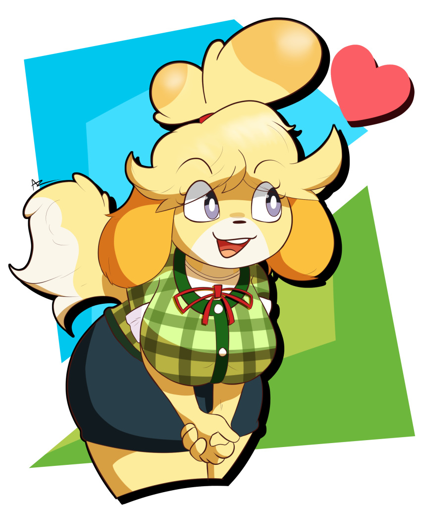 4_fingers absurd_res animal_crossing azlech bent_over big_breasts breasts clothing female folded_hands hi_res isabelle_(animal_crossing) nintendo plaid smile solo standing video_games