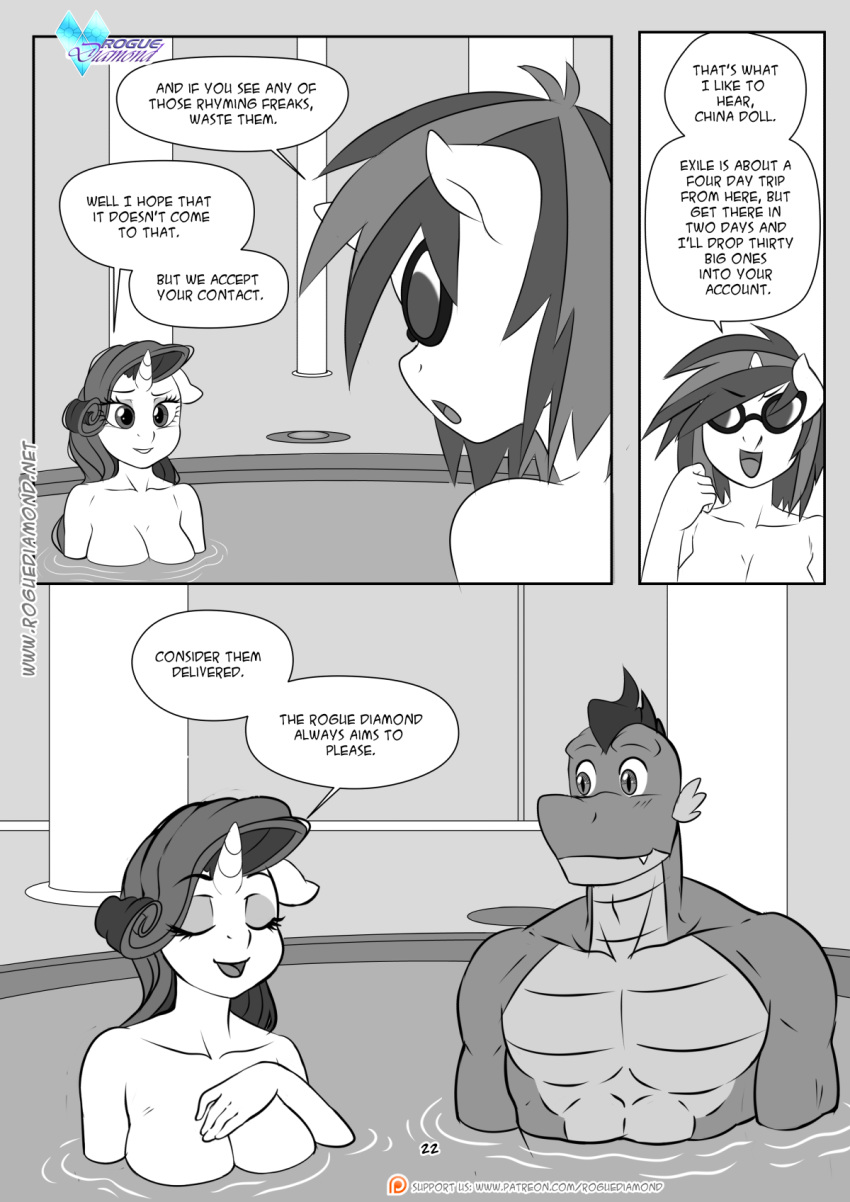 2019 anthro anthrofied blush breasts comic curly_hair dialogue dragon english_text equid equine eyes_closed eyewear female friendship_is_magic glasses hair hi_res horn horse hot_tub male mammal my_little_pony nude open_mouth partially_submerged pia-sama pony rarity_(mlp) sharp_teeth slit_pupils spike_(mlp) sunglasses teeth text tongue unicorn vinyl_scratch_(mlp) water