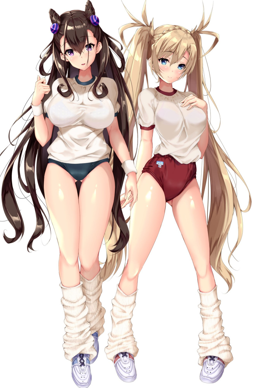 2girls bangs blonde_hair blue_eyes blush bra_through_clothes bradamante_(fate/grand_order) braid breasts brown_hair buruma closed_mouth commentary_request crown_braid eyebrows_visible_through_hair fate/grand_order fate_(series) fukuda_shuushi full_body gluteal_fold gym_shirt gym_uniform hair_between_eyes hand_on_own_chest hand_up highres kneehighs large_breasts long_hair looking_at_viewer loose_socks multiple_girls murasaki_shikibu_(fate) purple_eyes red_buruma see-through shiny shiny_hair shiny_skin shirt shoes short_sleeves simple_background smile sneakers socks standing twintails very_long_hair white_background white_legwear white_shirt wristband