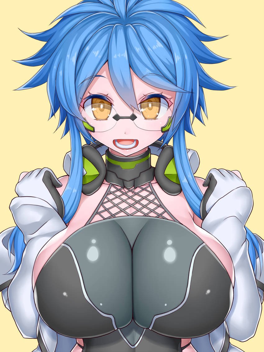 1girl asamura_hiori bare_shoulders blue_hair breasts cleavage elbow_gloves glasses gloves headphones highres large_breasts looking_at_viewer ludmila_lourie madan_no_ou_to_vanadis phantasy_star phantasy_star_online_2 short_hair solo yellow_eyes