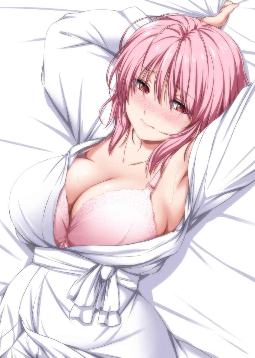 1girl armpits arms_up bangs bed_sheet blush bra breasts cleavage collarbone commentary_request eyebrows_visible_through_hair hair_between_eyes highres large_breasts long_sleeves looking_at_viewer lying no_hat no_headwear nori_tamago nose_blush on_back pink_bra pink_hair red_eyes robe saigyouji_yuyuko short_hair solo sweat touhou underwear upper_body white_robe white_sash wide_sleeves