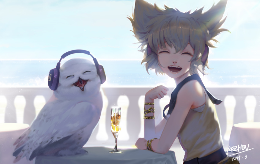 animal bird blonde_hair drink kezhou owl short_hair touhou toyosatomimi_no_miko