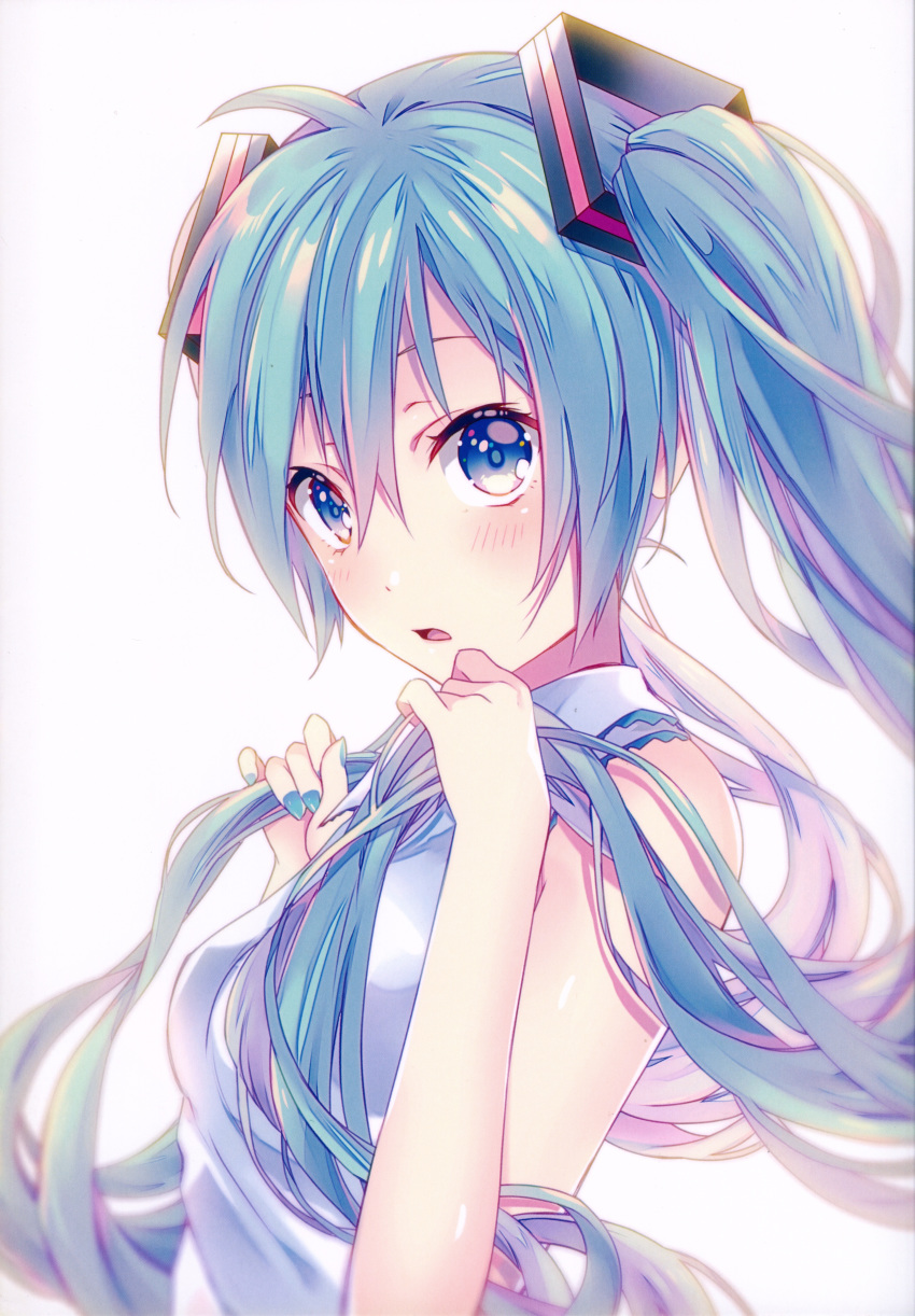 1girl absurdres aqua_hair aqua_nails bangs blue_eyes blush breasts fingernails hair_between_eyes hair_ornament hatsune_miku highres huge_filesize long_hair looking_at_viewer medium_breasts nail_polish open_mouth scan shiny shiny_hair shiny_skin shiomizu_(swat) simple_background sleeveless solo twintails upper_body vocaloid white_background