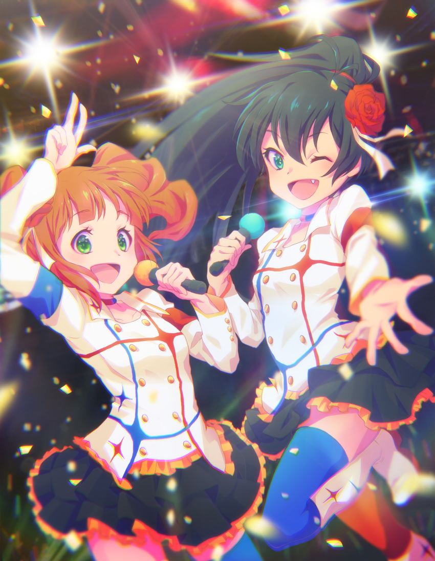 2girls :d ;d absurdres arm_up asymmetrical_legwear black_hair black_skirt blue_legwear brown_hair choker collarbone eriko fang floating_hair flower frilled_skirt frills ganaha_hibiki green_eyes hair_flower hair_ornament hair_ribbon high_ponytail highres holding holding_microphone idolmaster idolmaster_(classic) idolmaster_movie jacket leg_up long_hair long_sleeves looking_at_viewer microphone miniskirt multiple_girls one_eye_closed open_mouth outstretched_arm outstretched_hand pleated_skirt red_flower red_legwear red_rose ribbon rose skirt smile standing standing_on_one_leg starpiece_memories takatsuki_yayoi thighhighs twintails very_long_hair w white_jacket white_ribbon zettai_ryouiki