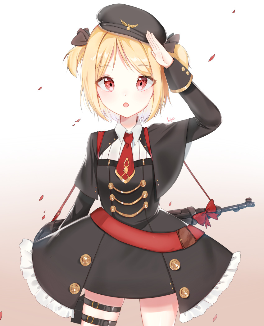 1girl :o arm_up bangs black_capelet black_dress black_headwear blonde_hair blush bow brown_background brown_ribbon cabbie_hat capelet collared_shirt commentary cowboy_shot dress eyebrows_visible_through_hair frilled_dress frills girls_frontline gradient gradient_background gun hair_ribbon hat highres kayo_(skc08049) long_sleeves mp40 mp40_(girls_frontline) object_namesake parted_lips red_bow red_eyes ribbon salute shirt skindentation solo submachine_gun thigh_strap two_side_up weapon white_background white_shirt