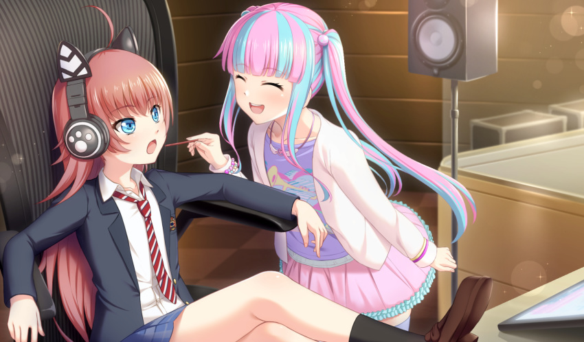 2girls :o ^_^ ahoge bang_dream! bangs black_legwear blazer blue_hair blue_shirt blunt_bangs brown_footwear cat_ear_headphones chair chu2_(bang_dream!) clenched_hand closed_eyes collared_shirt commentary_request eyes_closed feeding food hair_bobbles hair_ornament headphones highres holding holding_food indoors jacket jerky jewelry long_hair looking_at_another multicolored_hair multiple_girls necklace nuenue pareo_(bang_dream!) pink_hair pink_skirt print_shirt red_hair red_neckwear shirt shoes sidelocks sitting skirt socks speaker streaked_hair striped striped_neckwear studio tablet_pc white_jacket white_shirt