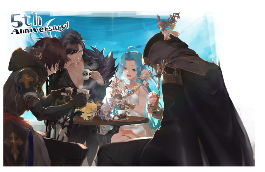 absurdres ahoge armor azrael_(granblue_fantasy) beelzebub_(granblue_fantasy) belial_(granblue_fantasy) black_hair blue_hair brown_hair dress eyes_closed feather_boa fingerless_gloves gabriel_(granblue_fantasy) gauntlets gloves granblue_fantasy harut_(granblue_fantasy) highres hood hood_down kumonji_aruto long_hair lyria_(granblue_fantasy) marut_(granblue_fantasy) michael_(granblue_fantasy) multiple_wings open_mouth pectorals raphael_(granblue_fantasy) red_eyes sandalphon_(granblue_fantasy) sariel_(granblue_fantasy) seraph shirt short_hair sleeveless sleeveless_dress smile uriel_(granblue_fantasy) very_long_hair white_dress white_hair wings