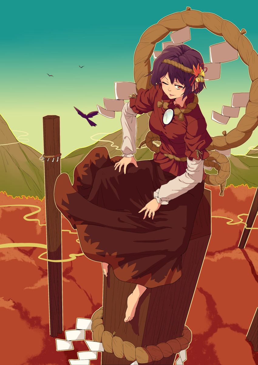 1girl absurdres autumn autumn_leaves bangs barefoot bell bird blue_sky brown_skirt gradient_sky hair_ornament hand_on_leg highres layered_clothing leaf_hair_ornament leaf_print long_skirt long_sleeves looking_at_viewer mirror mountain onbashira one_eye_closed parted_lips puffy_short_sleeves puffy_sleeves purple_hair red_eyes red_shirt red_skirt rope shide shimenawa shirt short_hair short_over_long_sleeves short_sleeves sitting skirt sky solo tassel touhou tree tuck yasaka_kanako