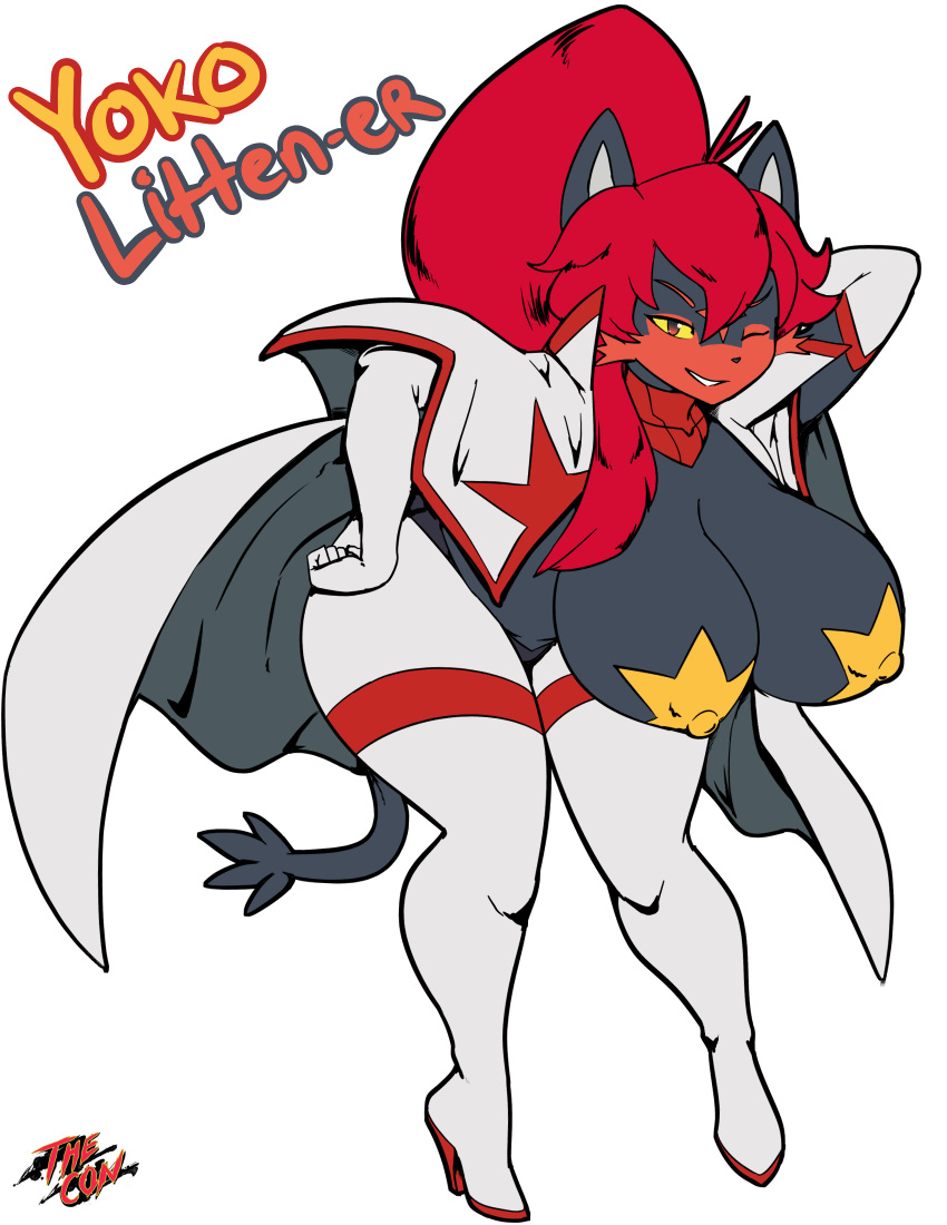 2019 anthro anthrofied big_breasts breasts cape clothed clothing female gloves hair hand_on_hip hanging_breasts hi_res huge_breasts leaning leaning_forward litten nintendo nipple_outline one_eye_closed pasties pok&eacute;mon pok&eacute;mon_(species) red_eyes red_hair signature simple_background skimpy smile solo tengen_toppa_gurren_lagann thecon video_games white_background wide_hips wink yellow_sclera yoko_littner