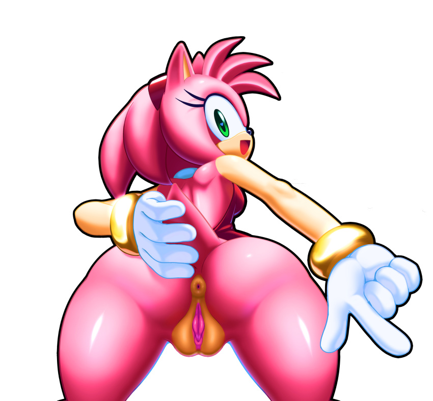 amy_rose anthro anus ass big_ass big_butt black_nose bracelet edit eyelashes female gloves grabbing green_eyes hairband hotred is_(artist) looking_at_viewer looking_back nude pink_fur pink_hair pink_tail pointing pussy sega smile sonic_(series) sonic_team tail tail_grab thighs transparent_background vagina video_games