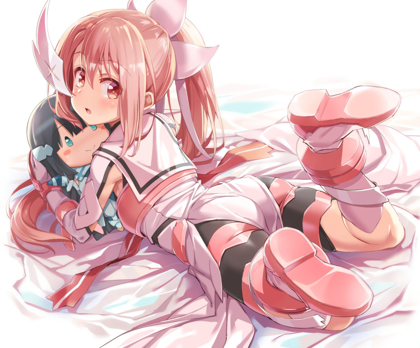 1girl armpits bed black_pants hairband highres looking_at_viewer michairu open_mouth pants pink_eyes pink_footwear pink_hair pink_hairband stuffed_toy tougou_mimori transformation yuuki_yuuna yuuki_yuuna_wa_yuusha_de_aru yuusha_de_aru