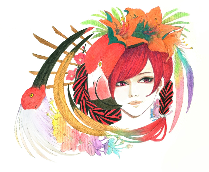 1girl absurdres bird braid crested_ibis feathers flamingo flower graphite_(medium) hair_flower hair_ornament hibiscus highres long_hair looking_at_viewer mechanical_pencil original pencil pink_eyes red_hair rreinn simple_background solo traditional_media watercolor_(medium) white_background