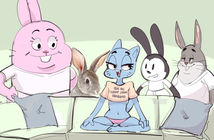 2019 anthro bedroom_eyes big_chungus black_fur blue_fur bugs_bunny cartoon_network clothing crossover dbaru digital_media_(artwork) disney domestic_cat felid feline felis female feral flat_chested fur grey_fur grin half-closed_eyes lagomorph looking_aside looney_tunes mammal mature_female meme midriff navel nicole_watterson oswald_the_lucky_rabbit panties parody pink_fur piper_perri_surrounded rabbit richard_watterson seductive sitting smile standing the_amazing_world_of_gumball underwear warner_brothers whiskers