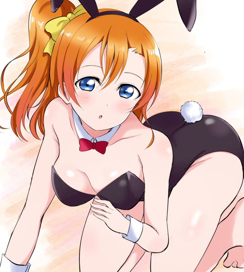 10s 1girl all_fours animal_ears barefoot blue_eyes blush bow breasts bunny_ears bunny_tail bunnysuit cleavage collar hair_bow highres kousaka_honoka large_breasts looking_at_viewer love_live! love_live!_school_idol_project medium_hair orange_hair parted_lips solo tail tied_hair wewe yellow_bow