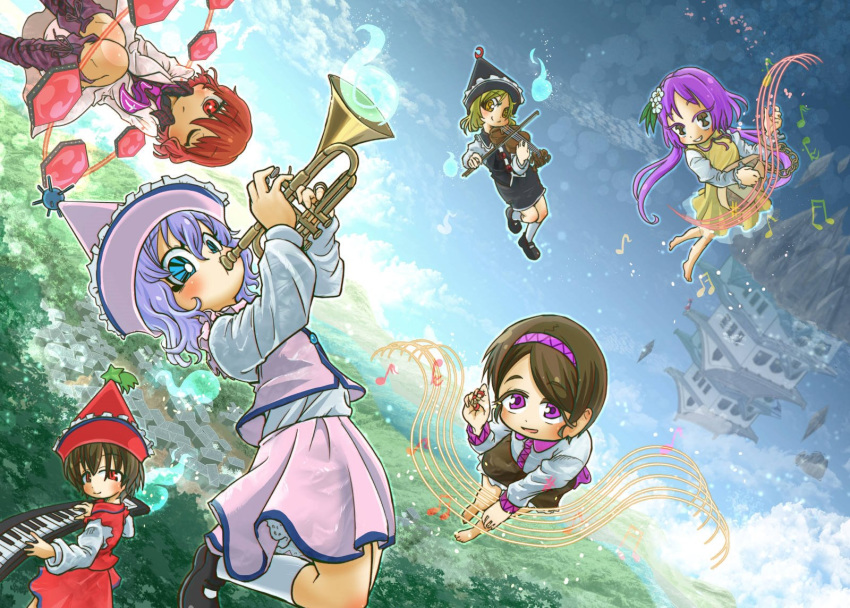 6+girls architecture blonde_hair blue_eyes brown_hair castle chamaji collared_shirt drum east_asian_architecture floating_hair forest hat highres hitodama horikawa_raiko instrument jacket low_twintails lunasa_prismriver lyrica_prismriver merlin_prismriver multiple_girls musical_note nature one_eye_closed outdoors piano purple_eyes purple_hair red_eyes red_hair shirt shoes short_hair silver_hair skirt socks touhou trumpet tsukumo_benben tsukumo_yatsuhashi twintails vest violin