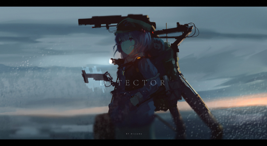 1girl alcxome alternate_eye_color artist_name backpack bag bangs blue_hair blunt_bangs blurry blurry_background blurry_foreground blush cabbie_hat cloud cloudy_sky coat commentary cowboy_shot dark english_commentary english_text flashlight fog gloves glowing grey_sky hat highres holographic_keyboard kawashiro_nitori key laser_sight letterboxed light_particles long_sleeves looking_afar morning purple_eyes radio_antenna science_fiction short_hair sky solo sunrise touhou water