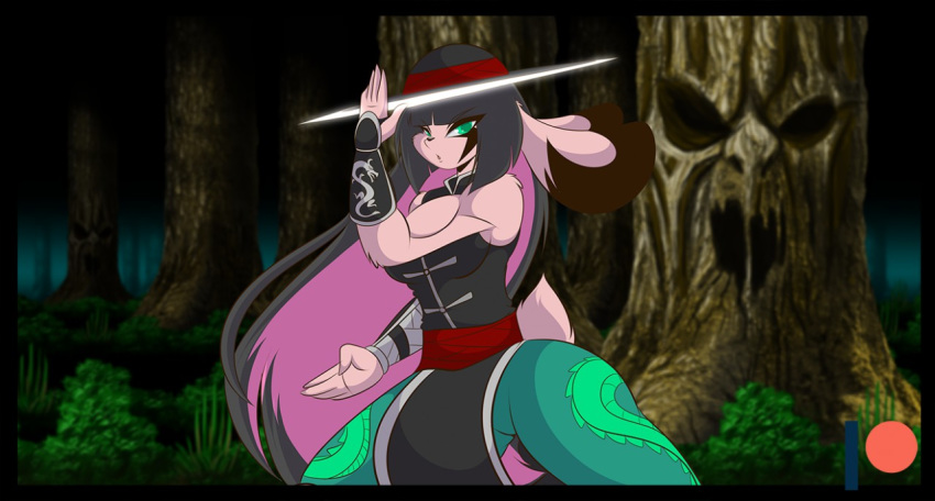 anthro breasts clothed clothing cosplay female fur hare jazmin lagomorph looking_at_viewer mammal mastergodai pink_fur rabbit solo tree