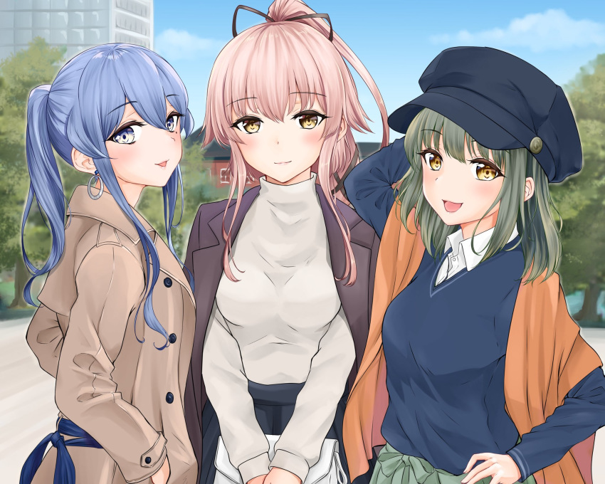 3girls :d alternate_costume alternate_hairstyle bangs beige_coat blue_eyes blue_hair blue_headwear blue_sky blue_sweater blush breasts brown_eyes casual cloud coat collared_shirt cowboy_shot day earrings eyebrows_visible_through_hair gotland_(kantai_collection) green_eyes green_hair hair_between_eyes hair_flaps hair_ornament hair_ribbon highres holding_purse hoop_earrings jacket jacket_on_shoulders jewelry kantai_collection long_hair long_sleeves looking_at_viewer medium_breasts mole mole_under_eye multiple_girls open_clothes open_coat open_mouth outdoors pink_hair ponytail purple_jacket ribbon shirt short_hair sidelocks skirt sky smile sweater tareme turtleneck umino_haruka_(harukaumino6) very_long_hair white_shirt yura_(kantai_collection) yuubari_(kantai_collection)