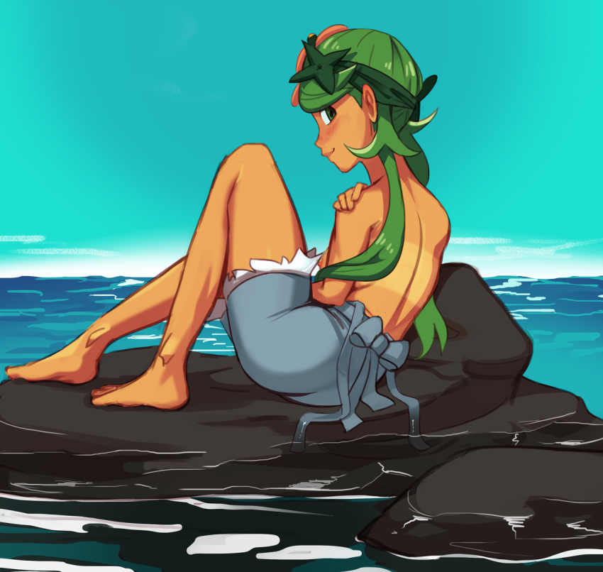 1girl bare_back barefoot blush breasts commission creatures_(company) from_behind game_freak green_eyes green_hair highres long_hair looking_at_viewer looking_back low_twintails lying mao_(pokemon) nintendo nipple_slip nipples nose_blush ocean overall_shorts pokemon pokemon_(anime) pokemon_(game) pokemon_sm pokemon_sm_(anime) polyle pose rock shorts solo tan tanline topless trial_captain twintails