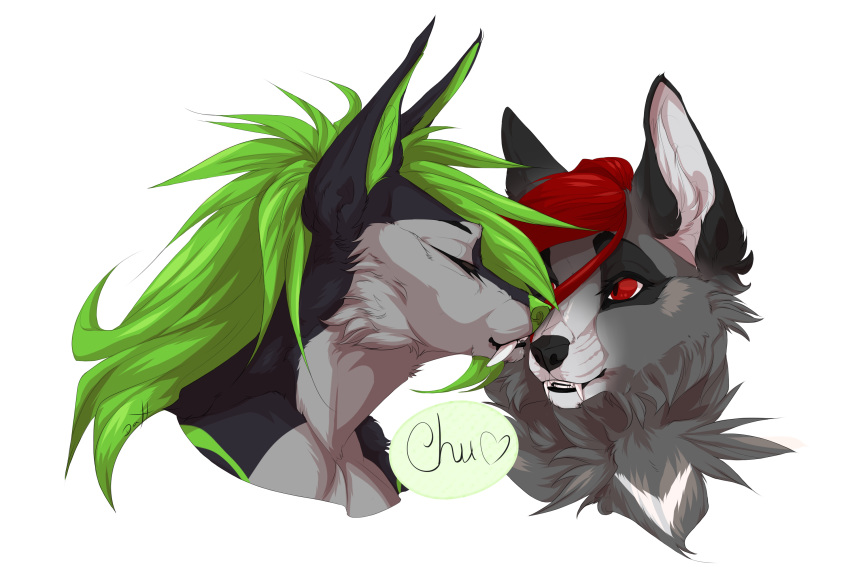 &lt;3 body_marks canid canine canis daxxorous female fox fur green_fur green_hair grey_fur hair hi_res hybrid jackal kissing long_canines long_ears love mammal red_eyes red_hair sabertooth_(disambiguation) smile snout speech_bubble teeth text vermillion vex