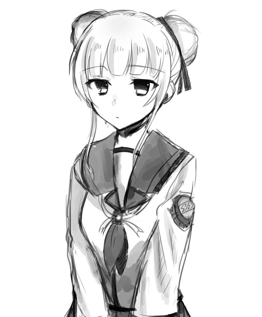 1girl absurdres angel_beats! bangs closed_mouth commentary_request double_bun expressionless eyebrows_visible_through_hair eyes_visible_through_hair greyscale hair_bun hair_ornament hair_ribbon headset highres key_(company) long_hair long_sleeves looking_to_the_side microphone monochrome ribbon school_uniform serafuku shinda_sekai_sensen_uniform shirt simple_background solo standing twintails upper_body white_background white_shirt yusa_(angel_beats!) zuzuhashi