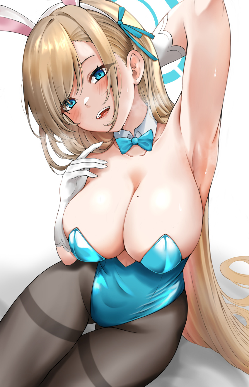 1girl absurdres animal_ears armpits asuna_(blue_archive) bangs blue_archive blue_bow blue_bowtie blue_eyes blue_ribbon blush bow bowtie breasts cleavage collarbone commentary_request detached_collar dstwins97 fake_animal_ears gloves hair_ribbon highres large_breasts leotard long_hair looking_at_viewer mole mole_on_breast open_mouth pantyhose parted_bangs playboy_bunny rabbit_ears ribbon simple_background sitting smile solo spread_armpit steam steaming_body strapless strapless_leotard sweat thighband_pantyhose very_long_hair white_background white_gloves