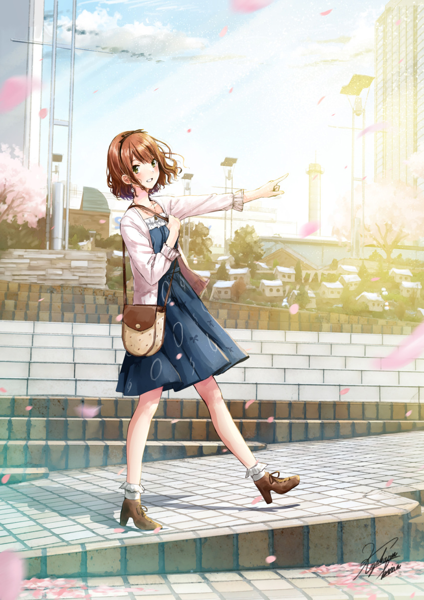 arm_up bag blue_dress blurry blush brown_eyes brown_hair cardigan cherry_blossoms city cloud collarbone depth_of_field dress earrings grin hairband handbag high_heels highres jewelry kazuharu_kina light_particles looking_at_viewer looking_to_the_side necklace original petals pointing short_hair signature sky smile spring stairs walking wavy_hair