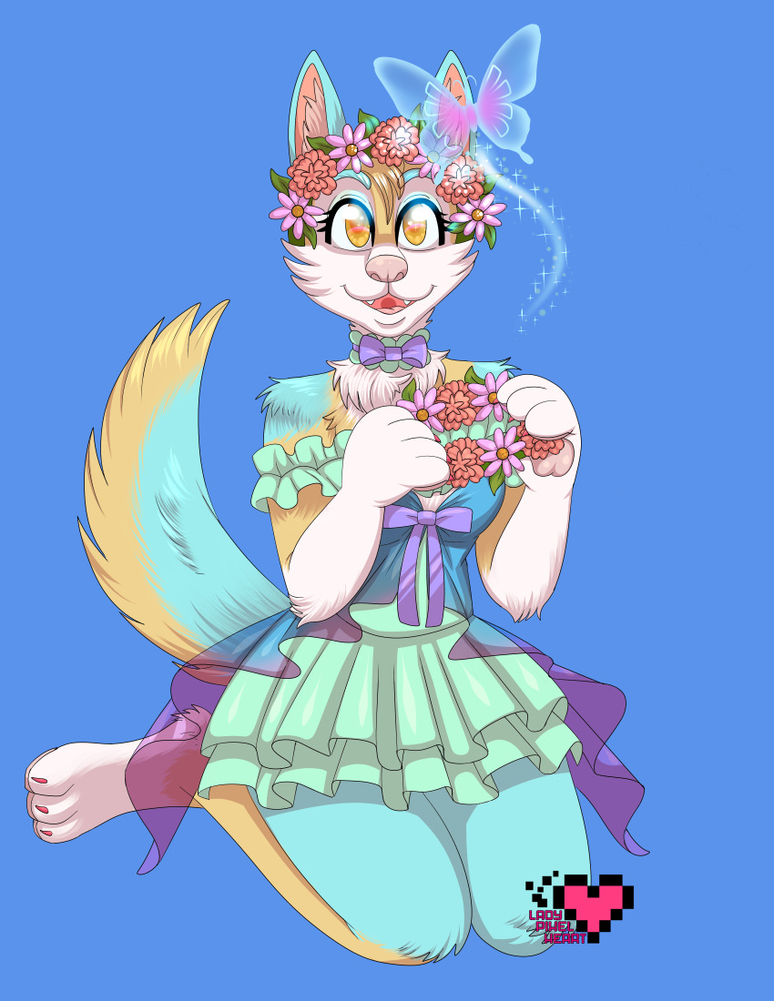 anthro arthropod butterfly canid canine clothing dress flower flower_crown hi_res insect invalid_tag lepidopteran mammal plant