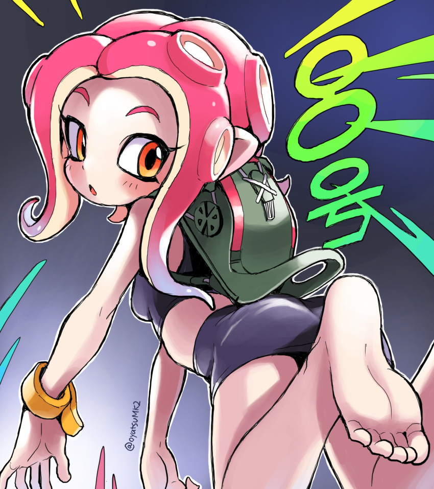 1girl ass barefoot blush feet highres nintendo octoling orange_eyes oyatsu_(mk2) shorts soles splatoon splatoon_(series) splatoon_2 tentacle thighs toes