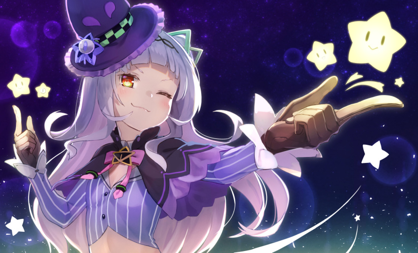 1girl breasts capelet crop_top finger_gun gloves hair_bun hair_ornament hat hololive long_hair looking_at_viewer murasaki_shion night one_eye_closed portrait ribbon silver_hair sky small_breasts smug solo star star_(sky) starry_sky tokumaro upper_body virtual_youtuber witch_hat yellow_eyes