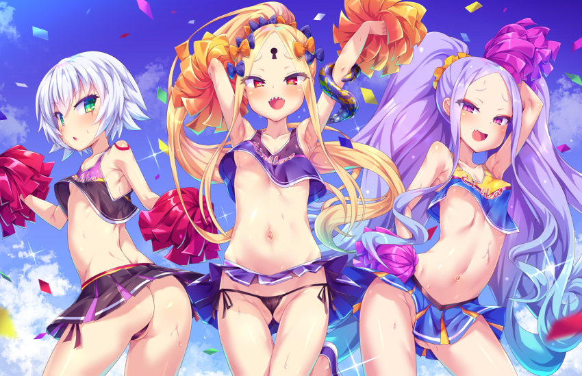 3girls :d abigail_williams_(fate/grand_order) arm_up armpits arms_up ass bangs bare_shoulders black_panties blonde_hair blue_eyes blue_hair blue_skirt blue_sky blush breasts cheerleader cloud collarbone confetti crop_top crossed_bandaids day eyebrows_visible_through_hair facial_scar fang fate/grand_order fate_(series) forehead gluteal_fold gradient_hair green_eyes groin hair_between_eyes hair_ornament hair_scrunchie high_ponytail highres holding jack_the_ripper_(fate/apocrypha) long_hair looking_at_viewer looking_back multicolored_hair multiple_girls navel no_panties open_mouth outdoors panties parted_bangs parted_lips pleated_skirt pom_poms ponytail purple_eyes purple_footwear purple_hair red_eyes scar scar_across_eye scar_on_cheek scrunchie sharp_teeth shoes side-tie_panties silver_hair skirt skirt_lift sky small_breasts smile suction_cups sweat teeth tentacle toraishi_666 underwear very_long_hair wu_zetian_(fate/grand_order) yellow_scrunchie