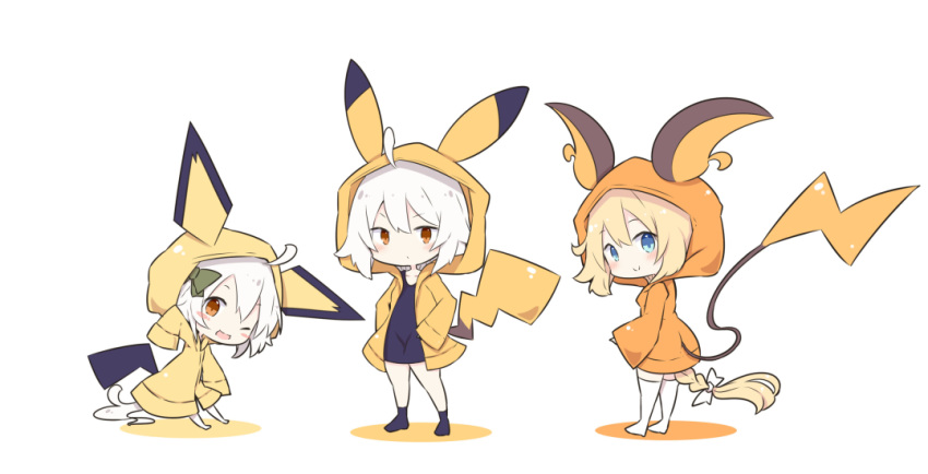 3girls ;d ahoge bangs beni_shake black_dress black_legwear blonde_hair blue_eyes blush bow braid brown_eyes chibi closed_mouth colored_shadow commentary_request cosplay creatures_(company) dress eyebrows_visible_through_hair fate/grand_order fate_(series) game_freak gen_1_pokemon gen_2_pokemon green_bow hair_between_eyes hair_bow hood hood_up hooded_jacket jacket jeanne_d'arc_(alter)_(fate) jeanne_d'arc_(fate) jeanne_d'arc_(fate)_(all) jeanne_d'arc_alter_santa_lily long_hair long_sleeves multiple_girls nintendo one_eye_closed open_mouth orange_jacket pichu pichu_(cosplay) pikachu pikachu_(cosplay) pokemon raichu raichu_(cosplay) red_eyes shadow single_braid sleeves_past_fingers sleeves_past_wrists smile socks standing tail thighhighs very_long_hair white_background white_bow white_hair white_legwear yellow_jacket
